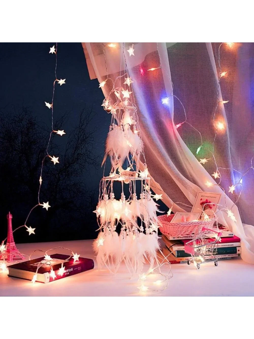 White Dream Catcher with LED Fairy Lights - Double Circle Boho Home Decor
